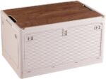 Foldable Storage Bins with Wood Lids Plastic Collapsible Storage Box with Cutting Board Portable Stackable Grocery Container Folding Latching Storage Crate with Removable Pulley (L, Khaki)