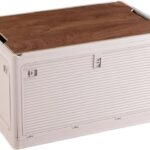 Foldable Storage Bins with Wood Lids Plastic Collapsible Storage Box with Cutting Board Portable Stackable Grocery Container Folding Latching Storage Crate with Removable Pulley (L, Khaki)