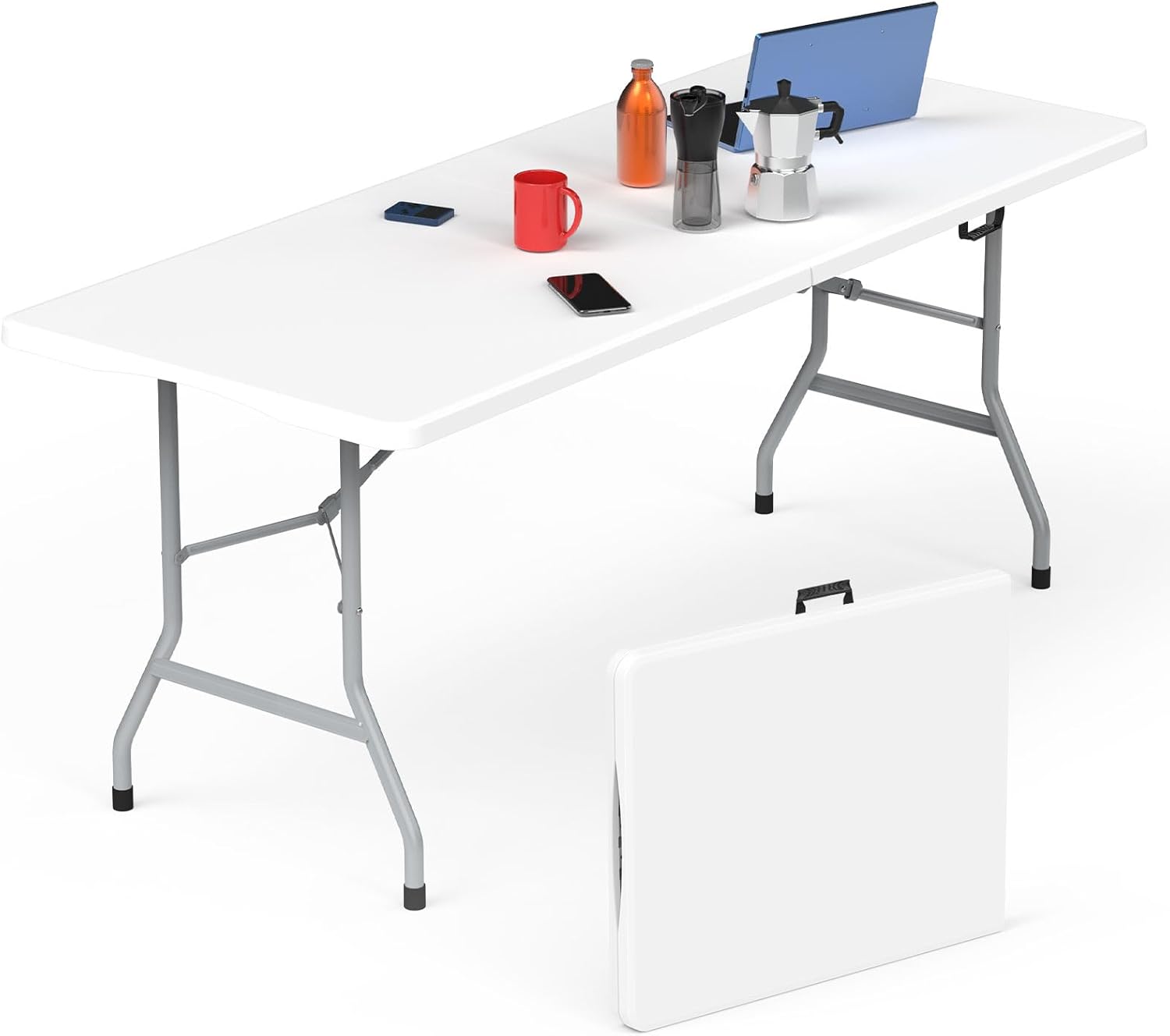 51MSL8MJ2AL._AC_SL1500_.jpg 6ft Folding Table with Handle & Safety Locks - Portable Picnic & Camping Table, Indoor/Outdoor Dining & Work Table for Weddings & Parties Plastic Construction - Image 1