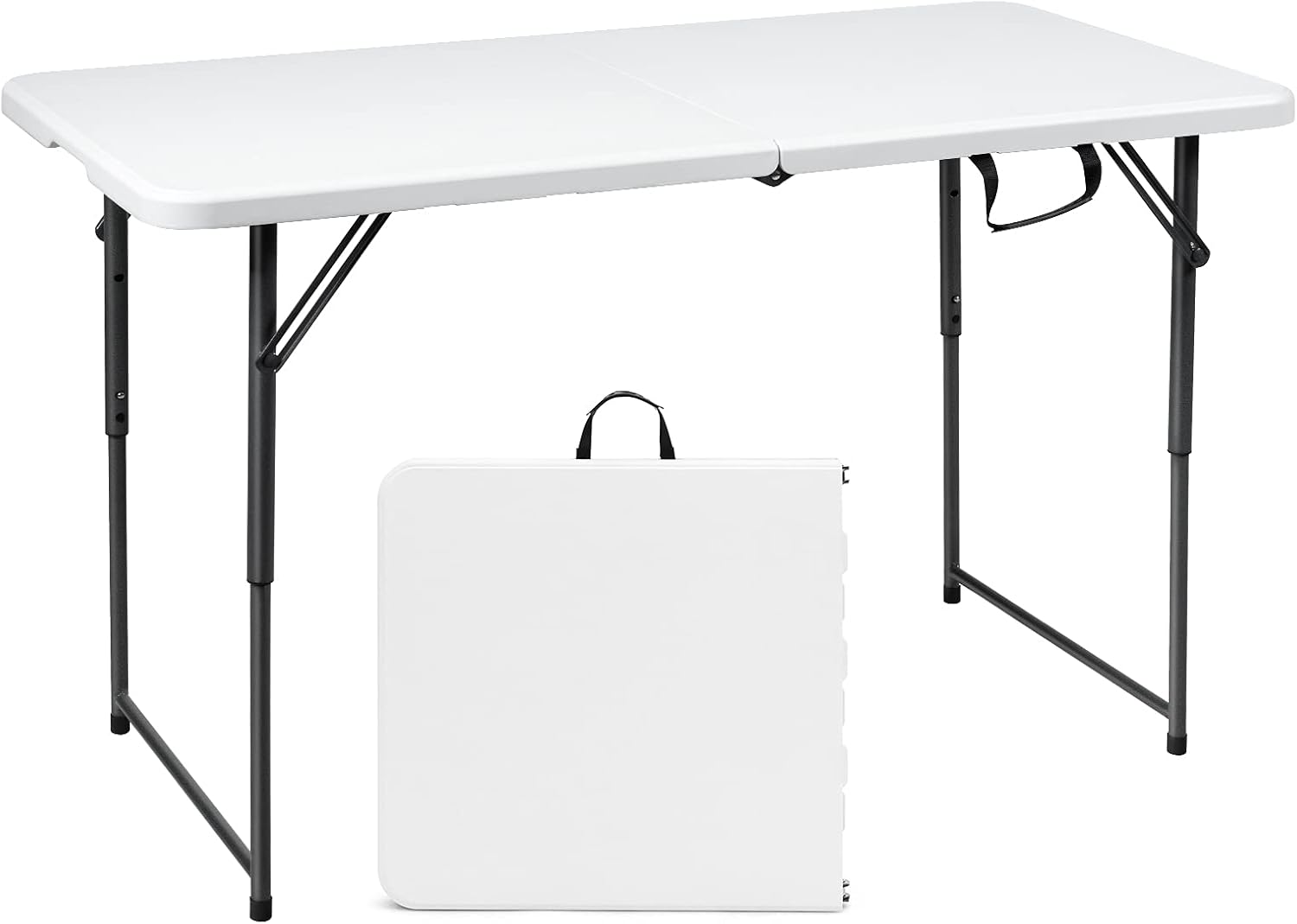 51olHVB6ZkS._AC_SL1500_.jpg 4ft Folding Table, 48 x 24 Inch Indoor Outdoor Foldable Plastic Folding Tables, Height Adjustable Portable Rectangular Utility Card Table w/Handle, for Picnic, Party, Dining, Camping, White - Image 1
