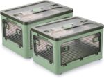 2 Pack Plastic 4 Doors Collapsible Storage Bins with Lid & Wheels, 36 Liters Folding Storage Bins, Stackable Multifunctional Box for Camping Clothes Snack Storage